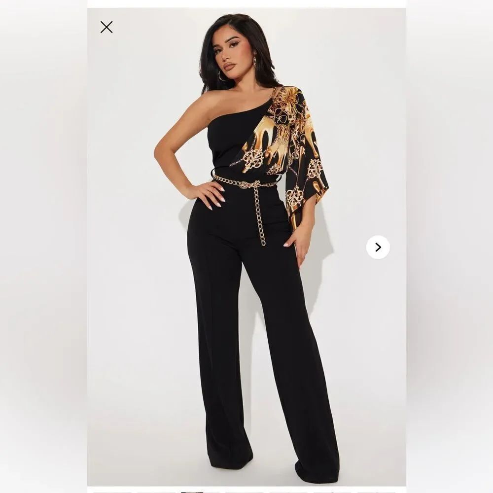 NWT - Fashion Nova Vivian One-Shoulder Jumpsuit - Black/combo - Size 2